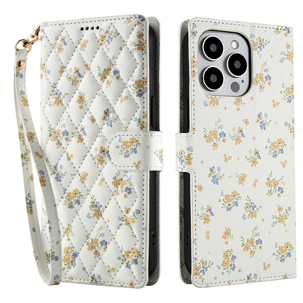 For iPhone 16 Pro Max Wallet Case Rhombic Floral Design Leather Flip Phone Cover with Strap