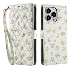 For iPhone 16 Pro Max Wallet Case Rhombic Floral Design Leather Flip Phone Cover with Strap