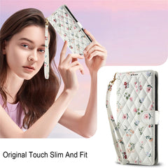 For iPhone 16 Pro Wallet Case Rhombic Floral Design Leather Flip Phone Cover with Strap