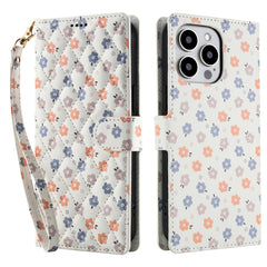 For iPhone 16 Pro Wallet Case Rhombic Floral Design Leather Flip Phone Cover with Strap