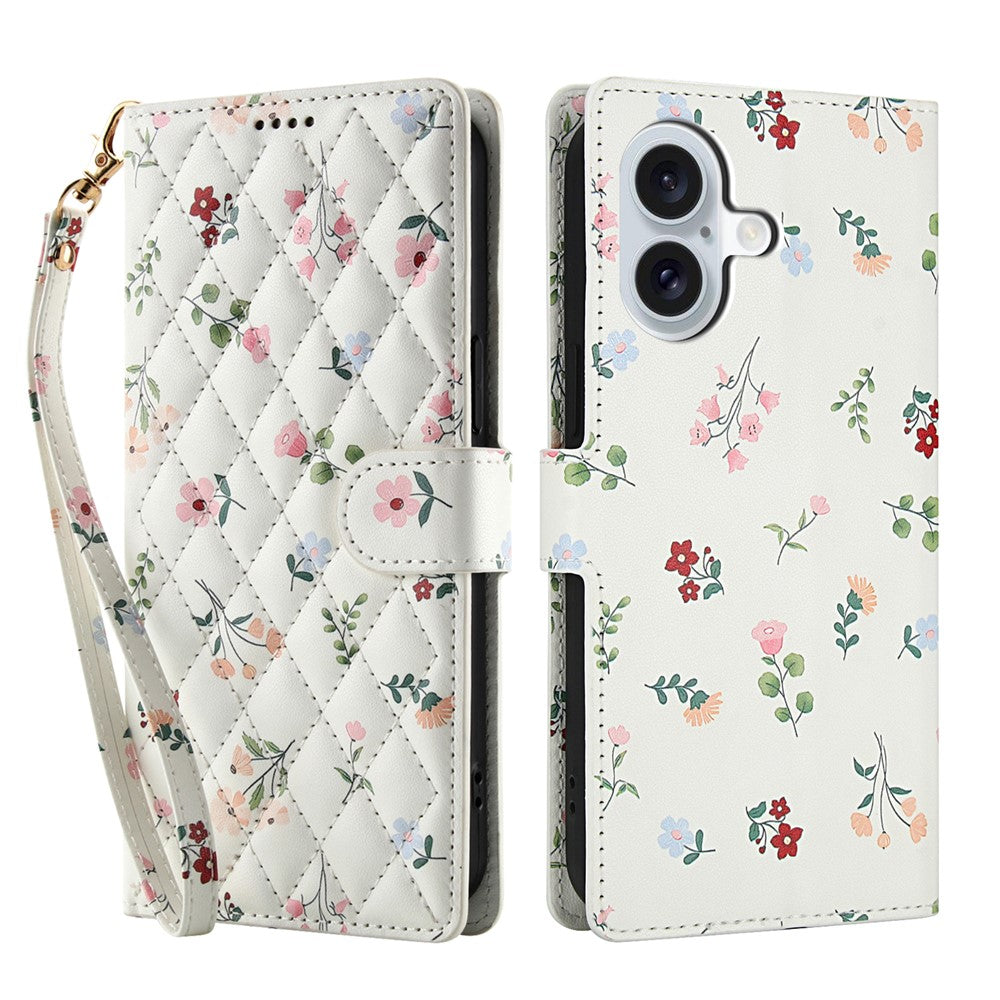For iPhone 16 Wallet Case Rhombic Floral Design Leather Flip Phone Cover with Strap