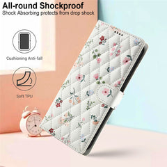 For iPhone 16 Wallet Case Rhombic Floral Design Leather Flip Phone Cover with Strap