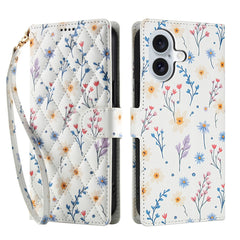 For iPhone 16 Wallet Case Rhombic Floral Design Leather Flip Phone Cover with Strap