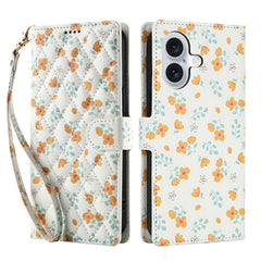 For iPhone 16 Wallet Case Rhombic Floral Design Leather Flip Phone Cover with Strap