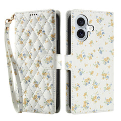 For iPhone 16 Wallet Case Rhombic Floral Design Leather Flip Phone Cover with Strap