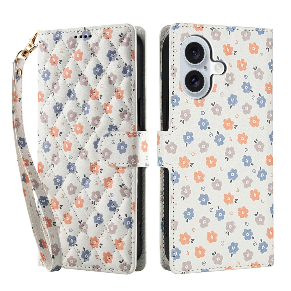 For iPhone 16 Wallet Case Rhombic Floral Design Leather Flip Phone Cover with Strap