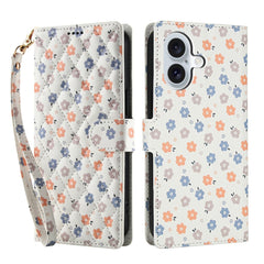 For iPhone 16 Wallet Case Rhombic Floral Design Leather Flip Phone Cover with Strap