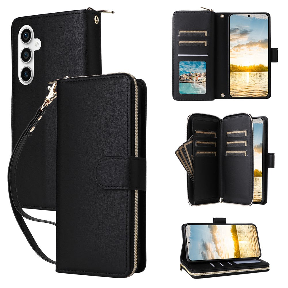For Samsung Galaxy S25 FE Case 9 Card Slots Zipper Pocket PU Leather Phone Cover with Wrist Strap - TechGearPal