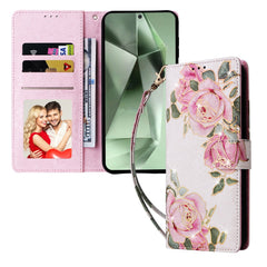 Étui en cuir à motif floral pour Samsung Galaxy S25 FE, avec dragonne et blocage RFID 