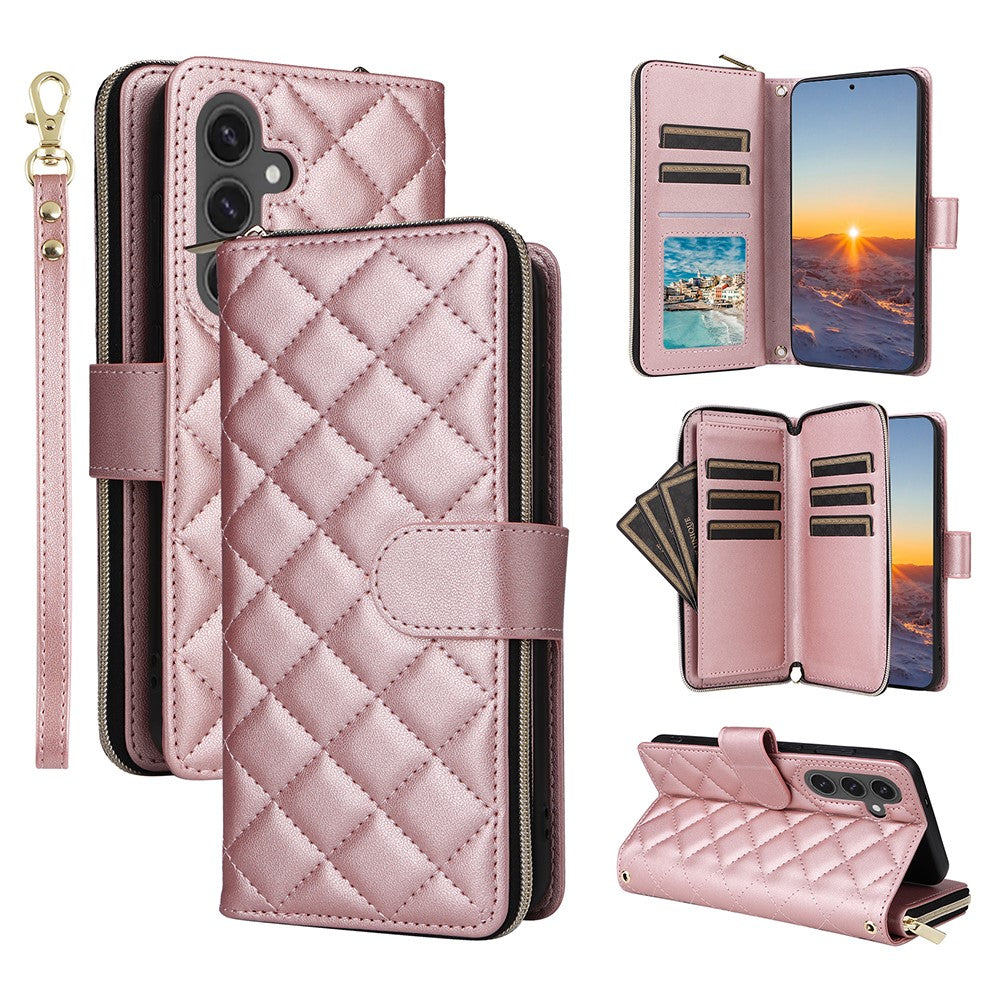 For Samsung Galaxy S25 FE Case Zipper Wallet Rhombus PU Leather Crossbody Phone Cover - TechGearPal