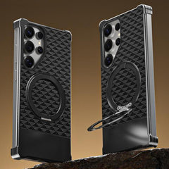 For Samsung Galaxy S25 Ultra Magnetic Case Borderless Textured PU + Metal Kickstand Phone Cover