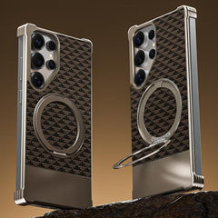For Samsung Galaxy S24 Ultra Magnetic Case Borderless Textured PU + Metal Kickstand Phone Cover