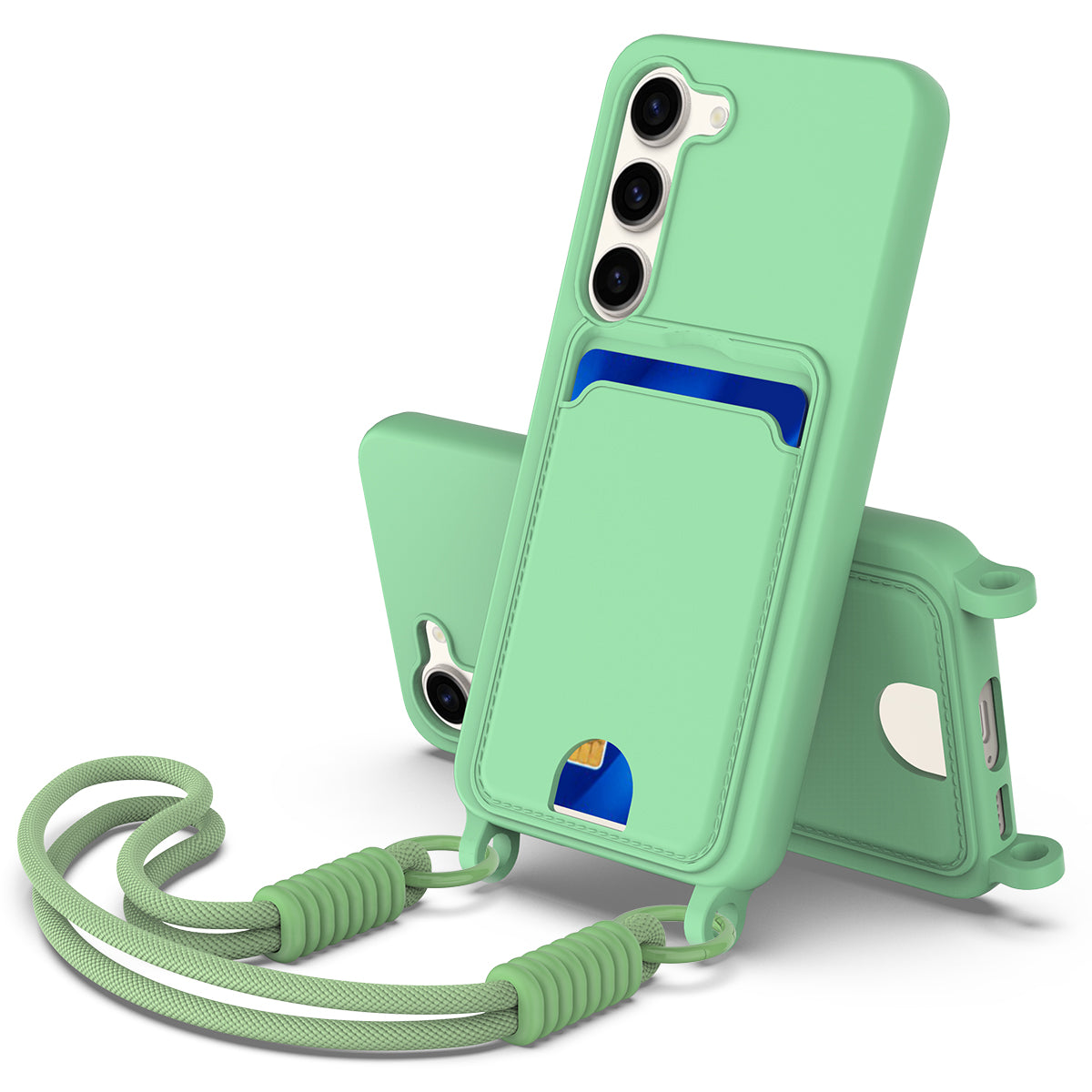 For Samsung Galaxy S23 Liquid Silicone Case  Phone Back Cover with Card Holder and Short Strap