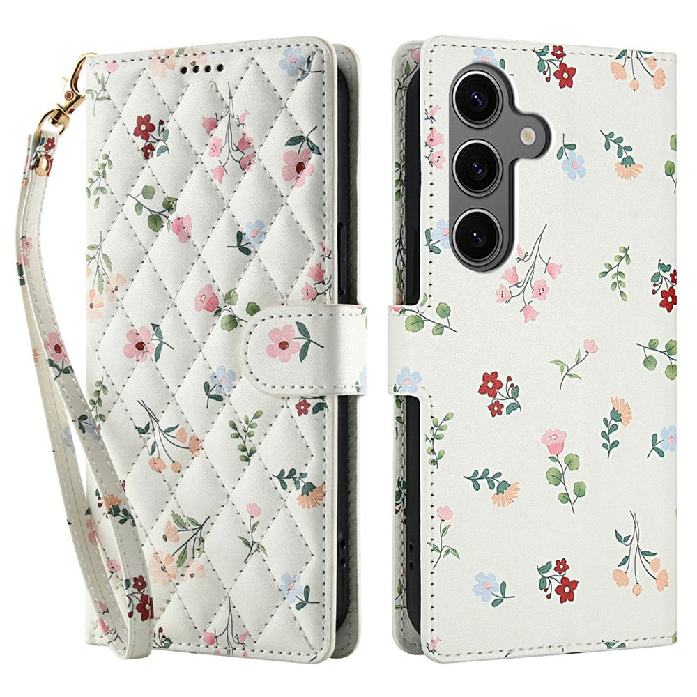 For Samsung Galaxy S25 FE Wallet Case Rhombic Floral Design Leather Flip Phone Cover with Strap
