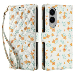 For Samsung Galaxy S25 Edge Wallet Case Rhombic Floral Design Leather Flip Phone Cover with Strap