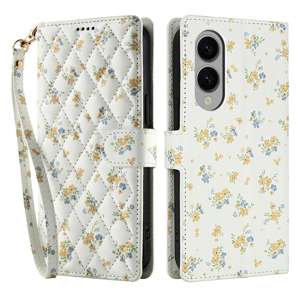 For Samsung Galaxy S25 Edge Wallet Case Rhombic Floral Design Leather Flip Phone Cover with Strap