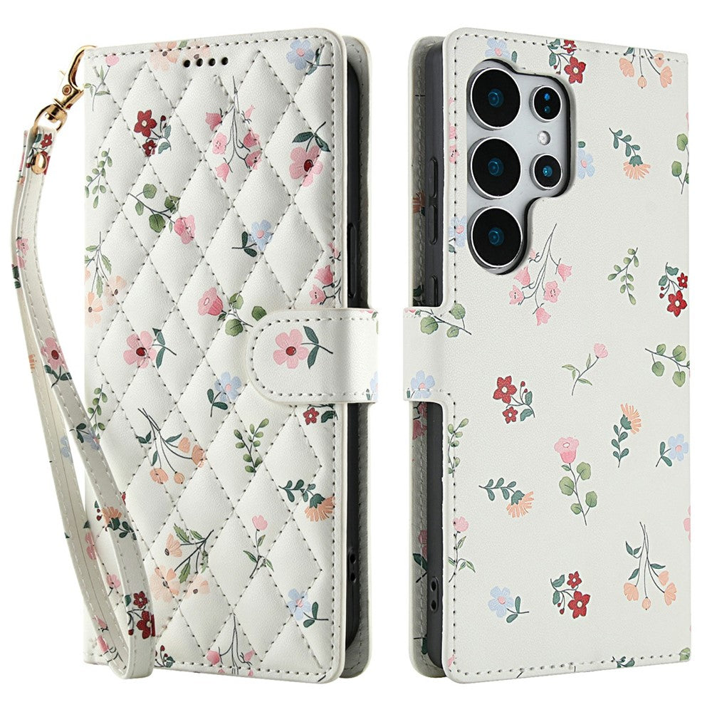 For Samsung Galaxy S25 Ultra Wallet Case Rhombic Floral Design Leather Flip Phone Cover with Strap