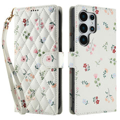 Étui portefeuille en cuir à rabat avec lanière pour Samsung Galaxy S25 Ultra, motif floral rhombique 