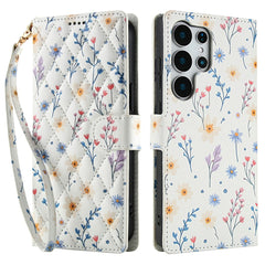 Étui portefeuille en cuir à rabat avec lanière pour Samsung Galaxy S25 Ultra, motif floral rhombique 