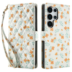 Étui portefeuille en cuir à rabat avec lanière pour Samsung Galaxy S25 Ultra, motif floral rhombique 