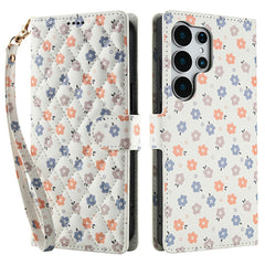 Étui portefeuille en cuir à rabat avec lanière pour Samsung Galaxy S25 Ultra, motif floral rhombique 