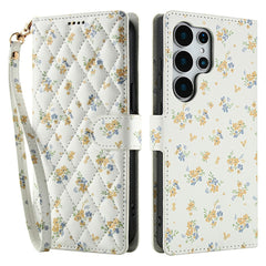 Étui portefeuille en cuir à rabat avec lanière pour Samsung Galaxy S25 Ultra, motif floral rhombique 