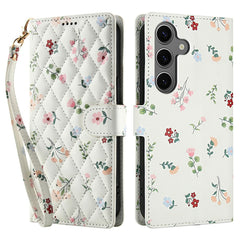 For Samsung Galaxy S25+ / S24+ Wallet Case Rhombic Floral Design Leather Flip Phone Cover with Strap