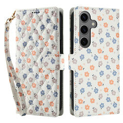 For Samsung Galaxy S25+ / S24+ Wallet Case Rhombic Floral Design Leather Flip Phone Cover with Strap