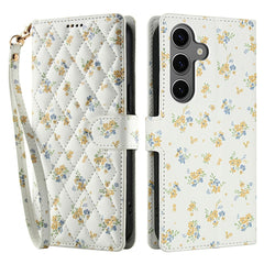 For Samsung Galaxy S25+ / S24+ Wallet Case Rhombic Floral Design Leather Flip Phone Cover with Strap