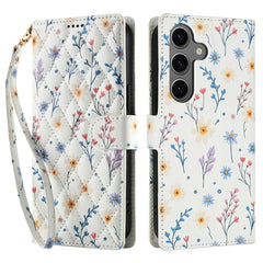 Étui portefeuille à rabat en cuir avec lanière pour Samsung Galaxy S25/S24, motif floral rhombique 