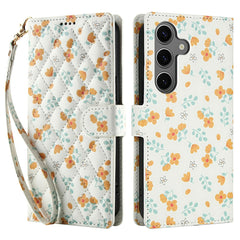 Étui portefeuille à rabat en cuir avec lanière pour Samsung Galaxy S25/S24, motif floral rhombique 