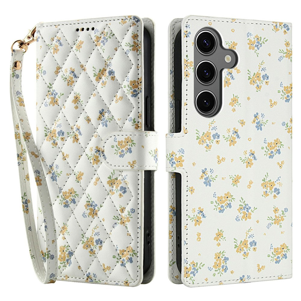 Étui portefeuille à rabat en cuir avec lanière pour Samsung Galaxy S25/S24, motif floral rhombique 