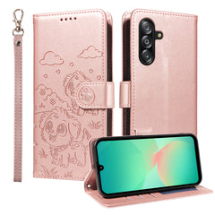 For Samsung Galaxy A16 4G / A16 5G / A26 5G / A17 5G Case RFID Blocking Imprint Dog Pattern PU Leather Phone Cover with Wrist Strap