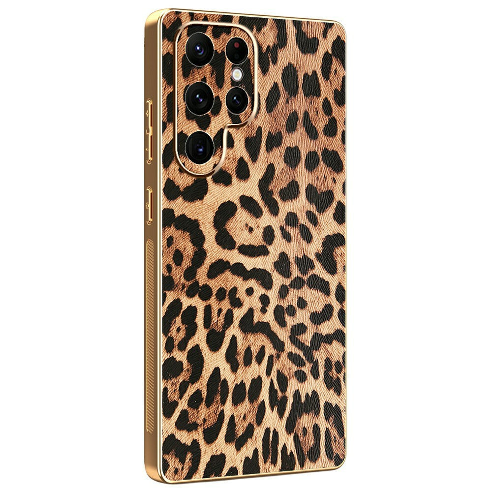 For Samsung Galaxy S22 Ultra 5G Case Leopard Print PU Leather Coated PC + TPU Electroplating Phone Cover