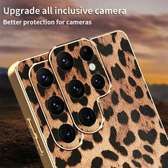 For Samsung Galaxy S22 Ultra 5G Case Leopard Print PU Leather Coated PC + TPU Electroplating Phone Cover