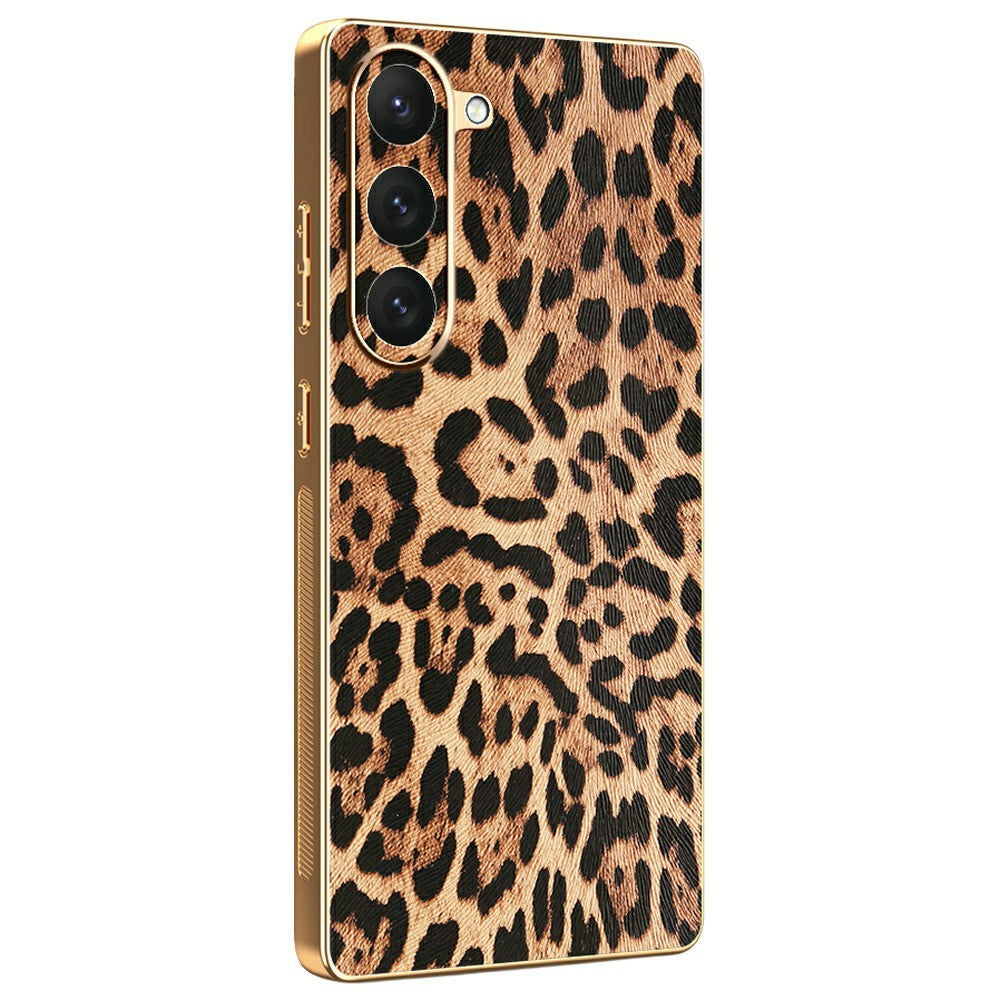 For Samsung Galaxy S23 Case Leopard Print PU Leather Coated PC + TPU Electroplating Phone Cover