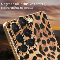 For Samsung Galaxy S23 Case Leopard Print PU Leather Coated PC + TPU Electroplating Phone Cover