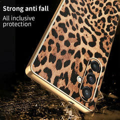 For Samsung Galaxy S23 FE Case Leopard Print PU Leather Coated PC + TPU Electroplating Phone Cover