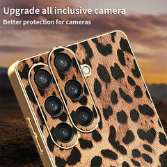 For Samsung Galaxy S23 FE Case Leopard Print PU Leather Coated PC + TPU Electroplating Phone Cover