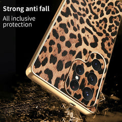 For Samsung Galaxy S23 Ultra Case Leopard Print PU Leather Coated PC + TPU Electroplating Phone Cover