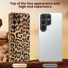 For Samsung Galaxy S23 Ultra Case Leopard Print PU Leather Coated PC + TPU Electroplating Phone Cover