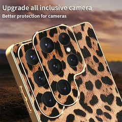 For Samsung Galaxy S23 Ultra Case Leopard Print PU Leather Coated PC + TPU Electroplating Phone Cover