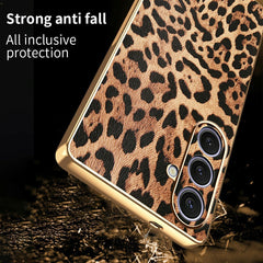 For Samsung Galaxy S24+ Case Leopard Print PU Leather Coated PC + TPU Electroplating Phone Cover