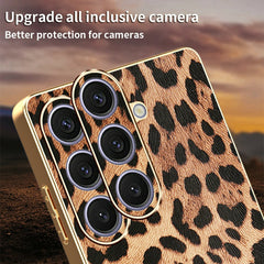 For Samsung Galaxy S24+ Case Leopard Print PU Leather Coated PC + TPU Electroplating Phone Cover