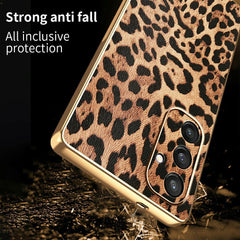 For Samsung Galaxy S25 Case Leopard Print PU Leather Coated PC + TPU Electroplating Phone Cover