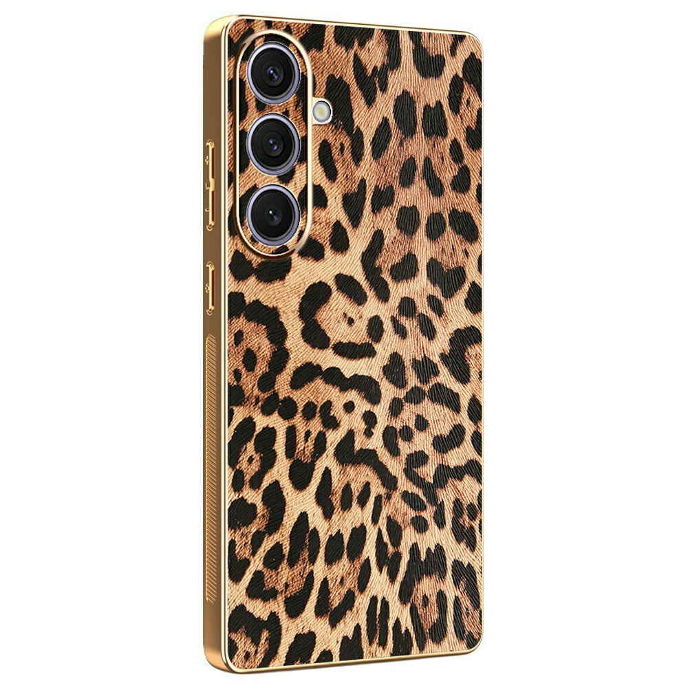 For Samsung Galaxy S25+ Case Leopard Print PU Leather Coated PC + TPU Electroplating Phone Cover