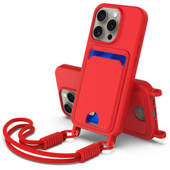 For iPhone 16 Pro Liquid Silicone Case  Phone Back Cover with Card Holder and Short Strap