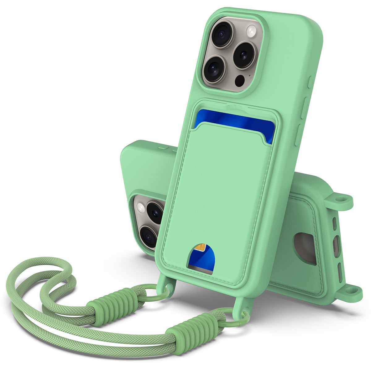 For iPhone 16 Pro Liquid Silicone Case  Phone Back Cover with Card Holder and Short Strap