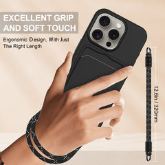 For iPhone 16 Pro Max Liquid Silicone Case  Phone Back Cover with Card Holder and Short Strap