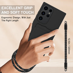 For Samsung Galaxy S23 Ultra Liquid Silicone Case  Phone Back Cover with Card Holder and Short Strap
